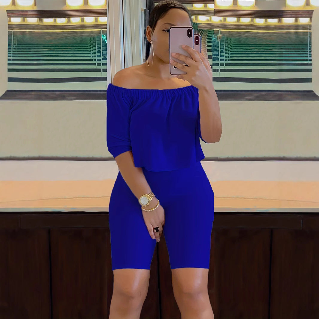 Off-Shoulder Top High-Stretch Shorts Summer Two-Piece Set 6
