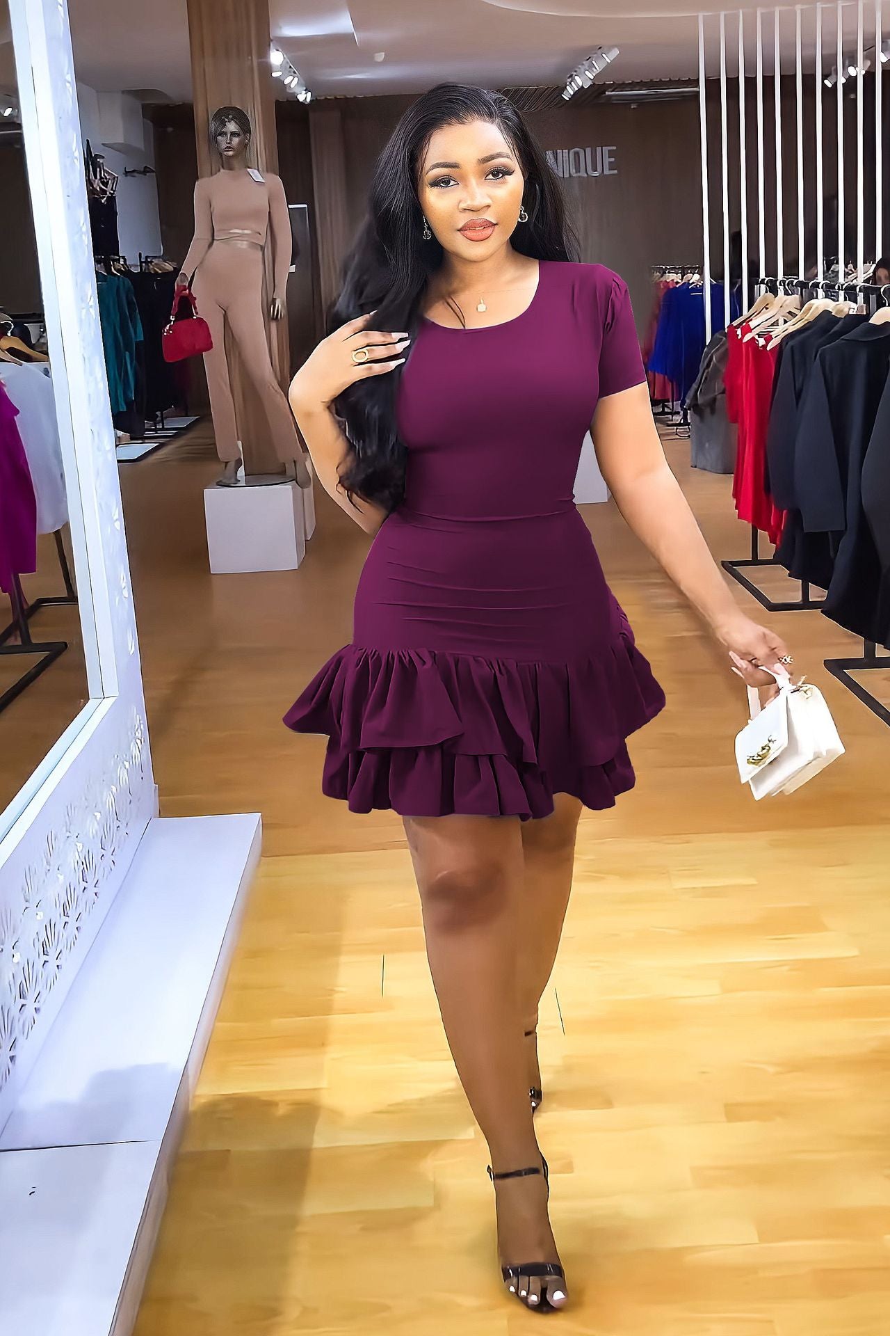 Solid Color Short Sleeve Back Lace-Up Chic Slim Ruffle Summer Dress 5