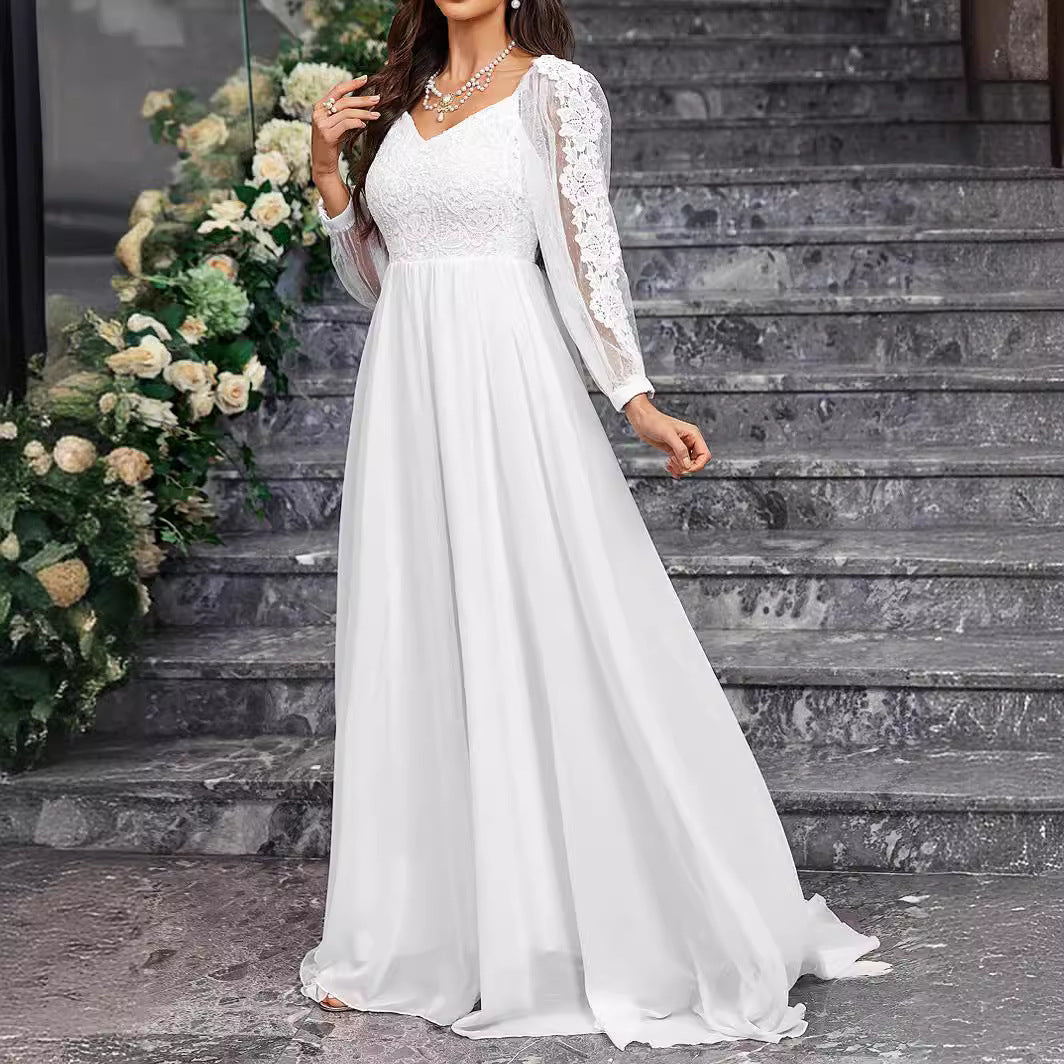 Solid Color Elegant V-Neck Slim Long-Sleeved Wedding Dress Tail Formal Party Gown 6