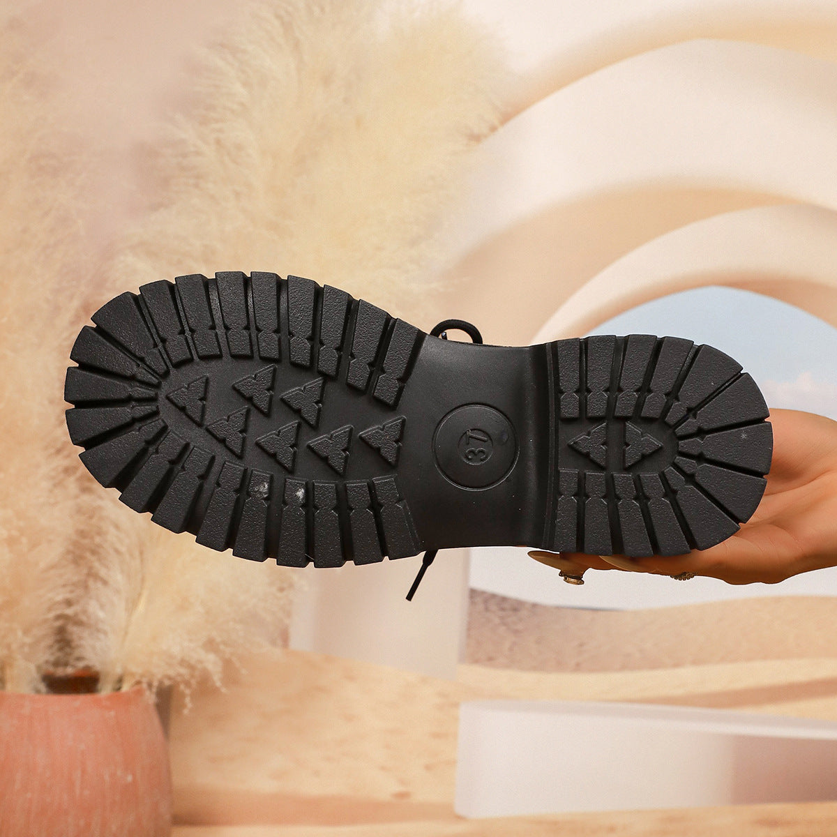 Women's Platform Martin Boots Autumn Winter Front Lace-Up Black Plus Size Height-Increasing Leather Boots 4