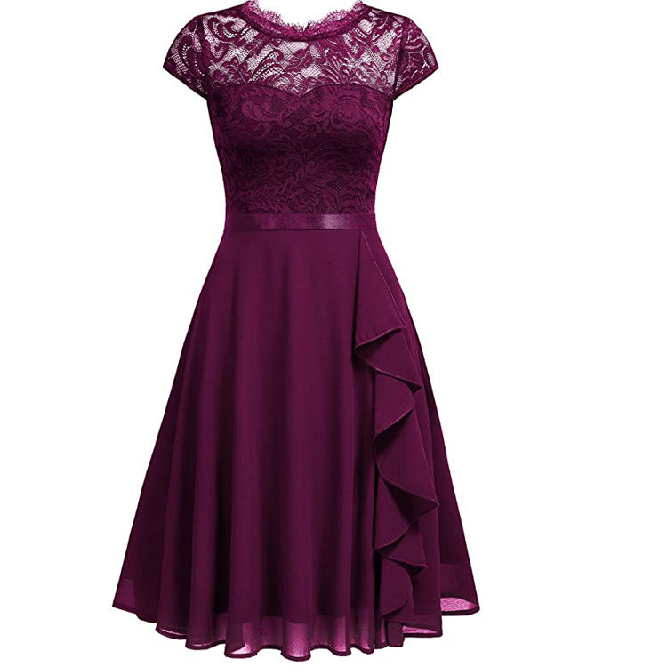 Summer Half-High Collar Short-Sleeved Lace Mid-Length Chiffon Patchwork Elastic Belt Dress 10