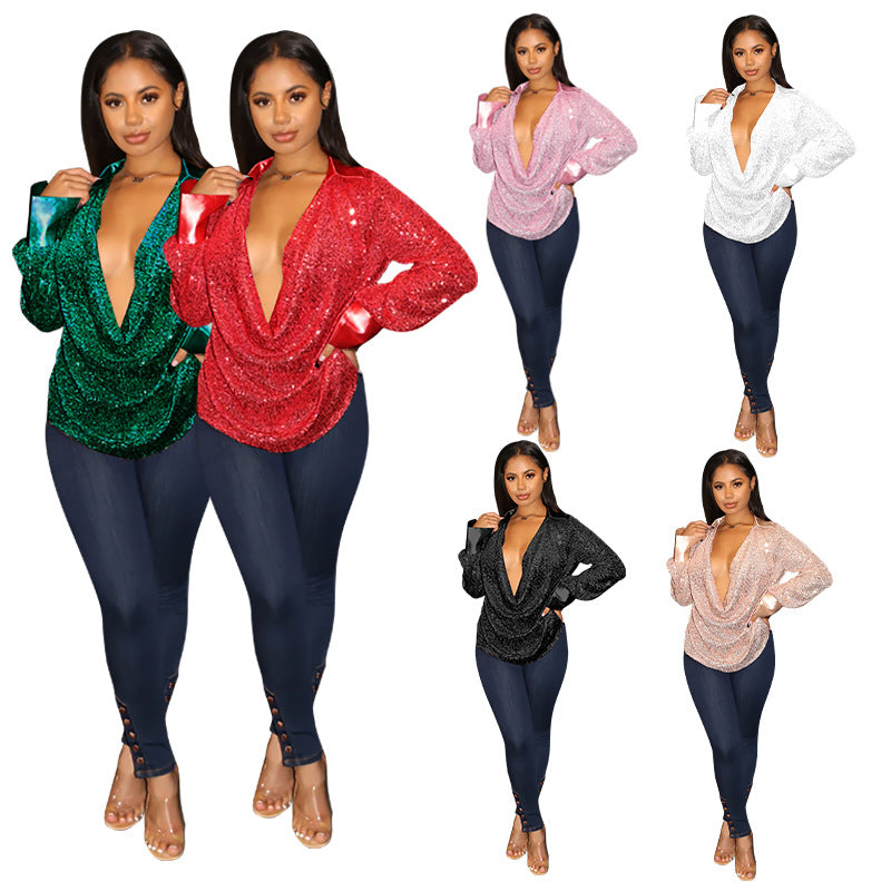 Women's Deep V Pleated Loose Ladies Chic Sequin Long Sleeve Shirt 9