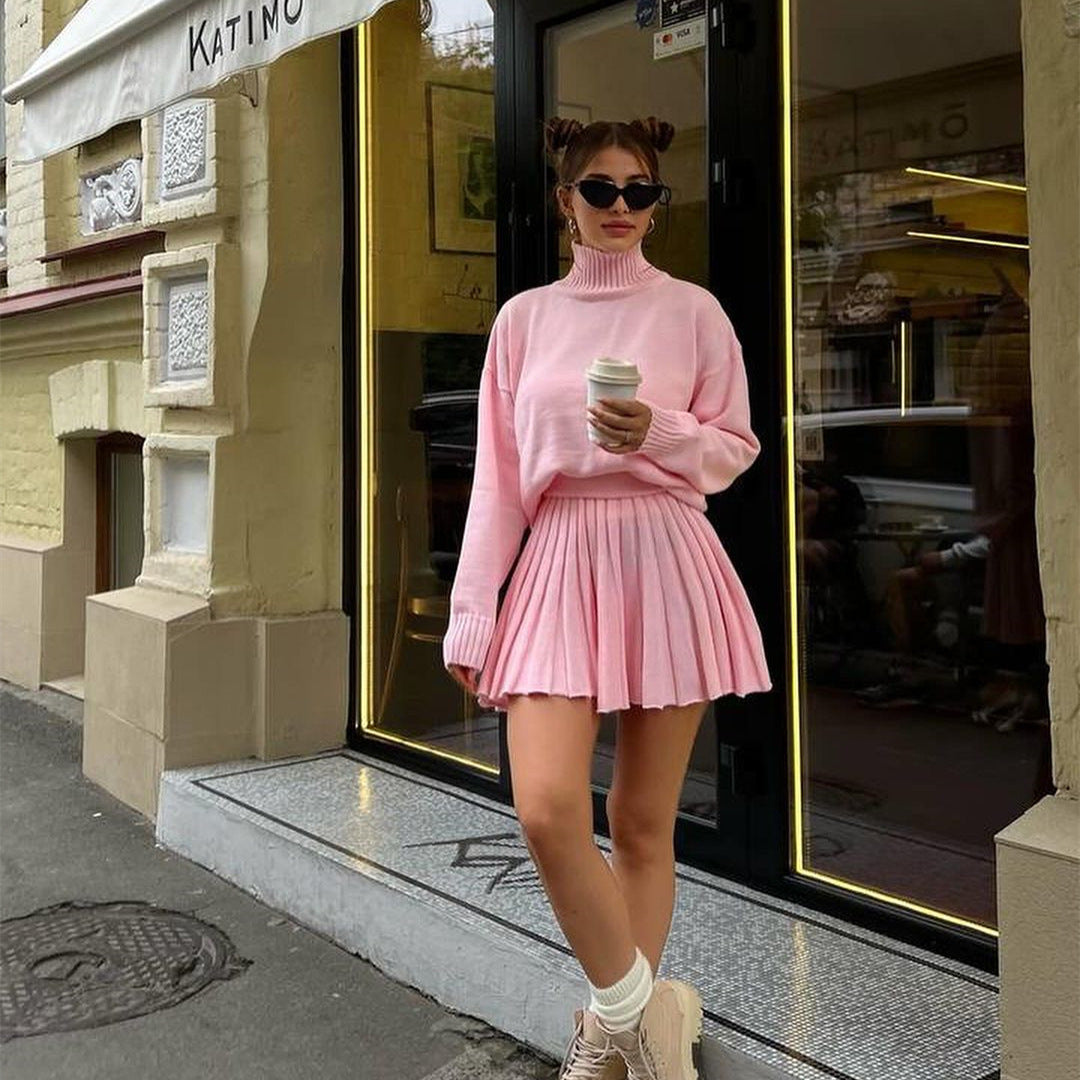 College Style Outfit Solid Color Turtleneck Knitting Long-Sleeved Top Pleated Skirt Two-Piece Set
