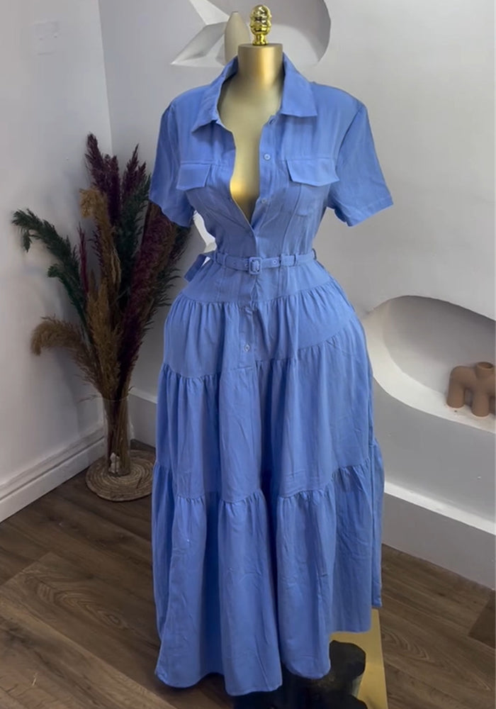 Women summer Turndown Collar short-sleeved buttoned belt shirt dress