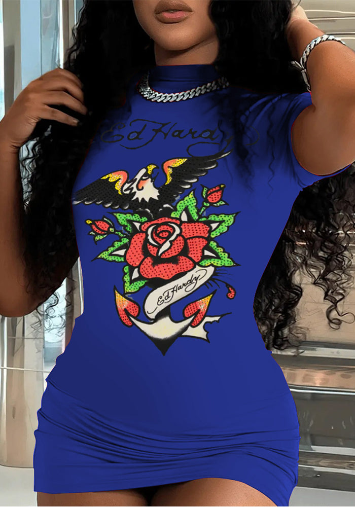 Fashion Printed Short Sleeve Casual Short Dress