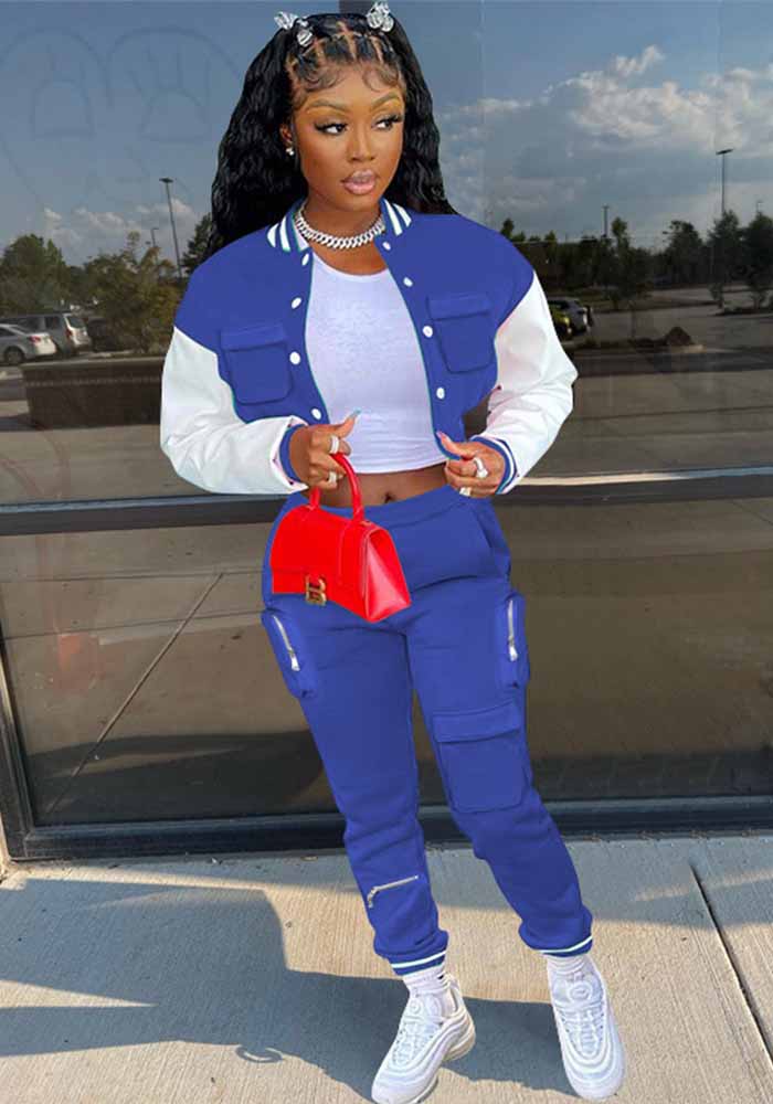 Women's Fall/Winter Casual Cargo Style Color Block Baseball Jacket Sweatpants Sports Two Piece Set