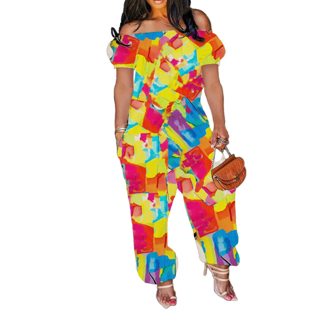 Women's Solid Color Loose Long Length Short Sleeve Jumpsuit Women's Bodysuit 34