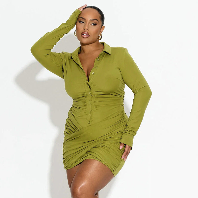 Women's Turn-Down Collar Button Long Sleeve Bodycon Short Dress 11