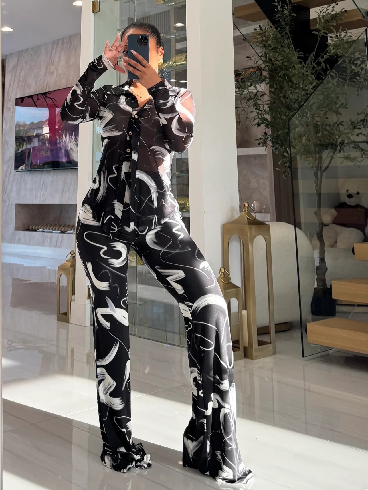 Women Printed Mesh Turndown Collar Long-Sleeved Button Top and Bell Bottom Pants Two-Piece Set 5