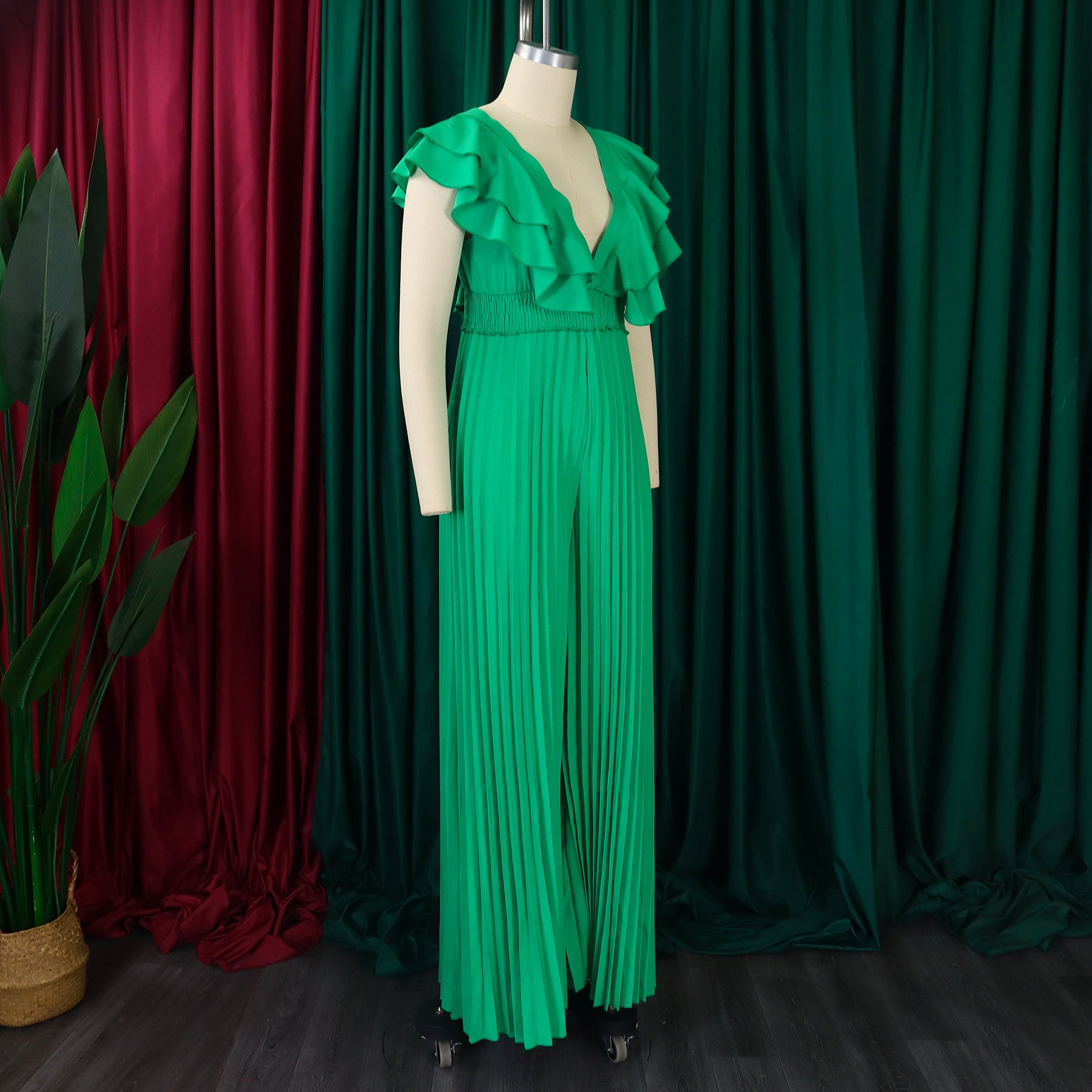 Women's Deep V Neck High Waist Sexy Ruffled Pleat Wide Leg Jumpsuit 11