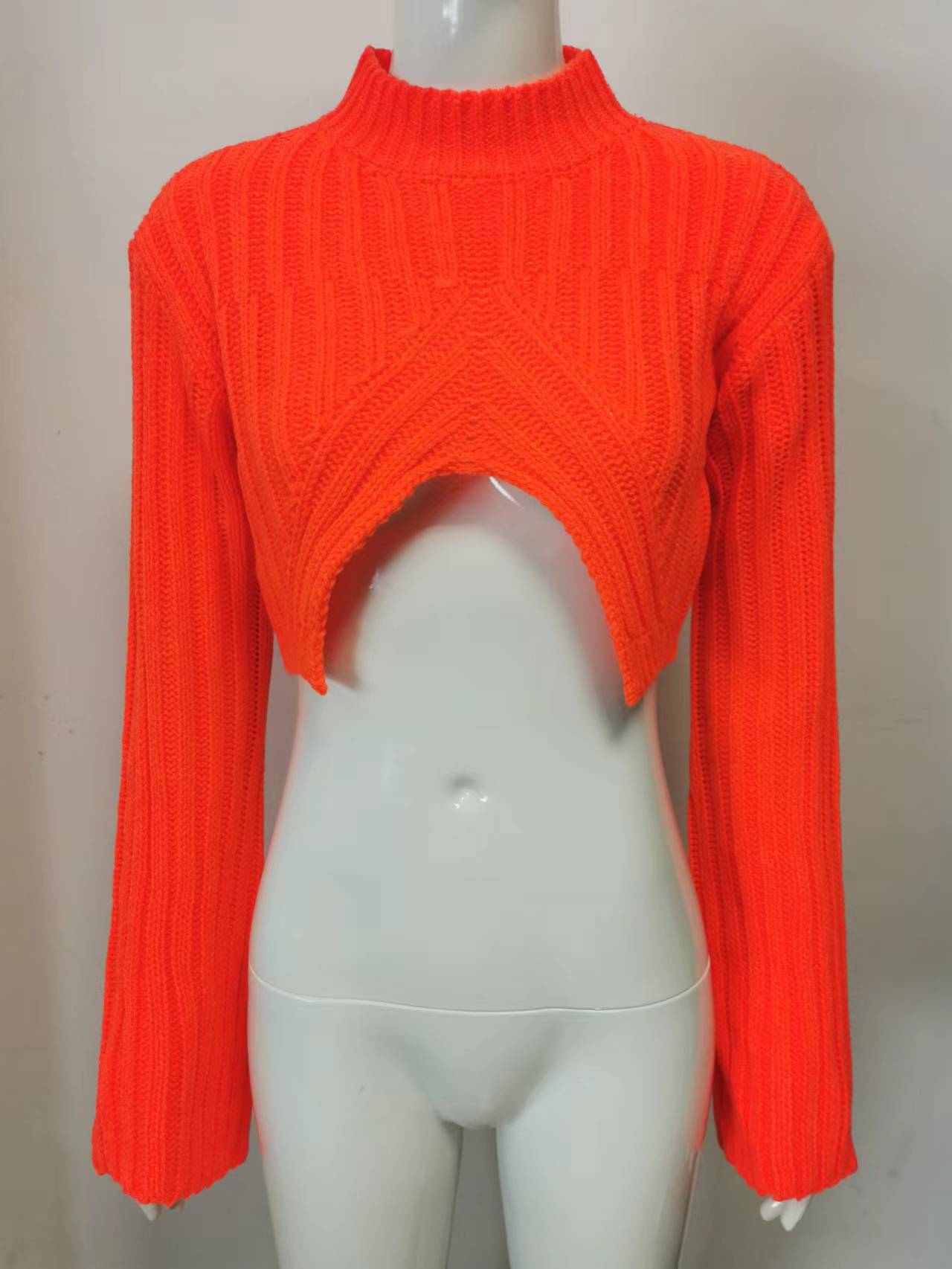 Autumn And Winter Sweater Solid Color Women Casual Long Sleeve Round Neck Classic Tight Fitting Irregular Crop Mid-Waist Women's Clothing 16