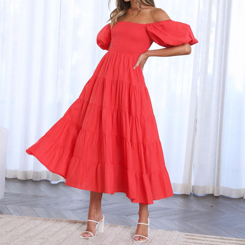 Summer Women's Fashion Loose Off Shoulder Puff Sleeve A-Line Midi Dress