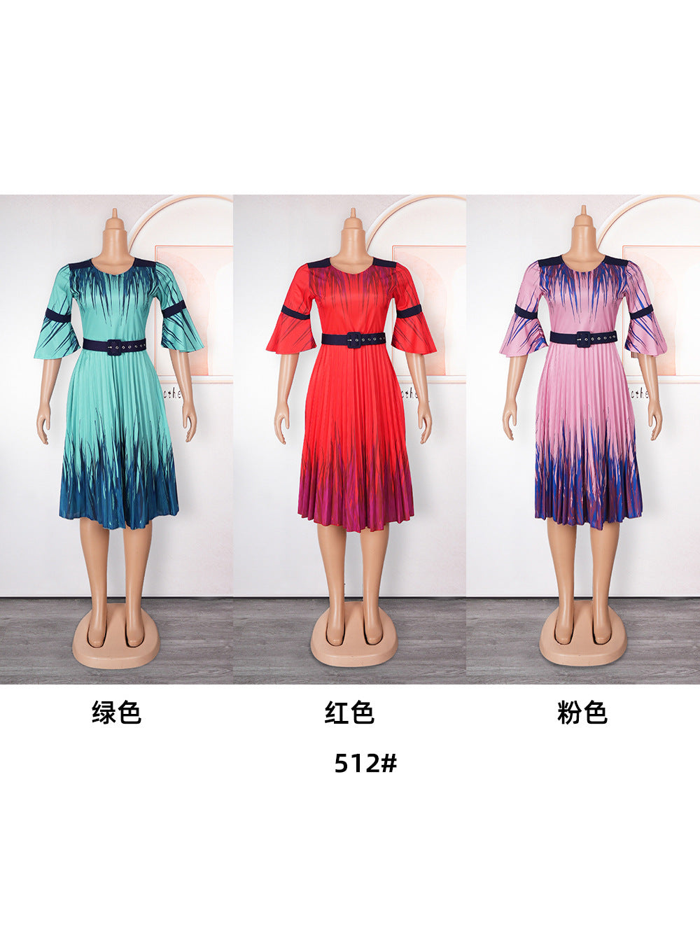 Plus Size African Dress Women High Waist Fashion Round Neck Printed Pleated Dress 7