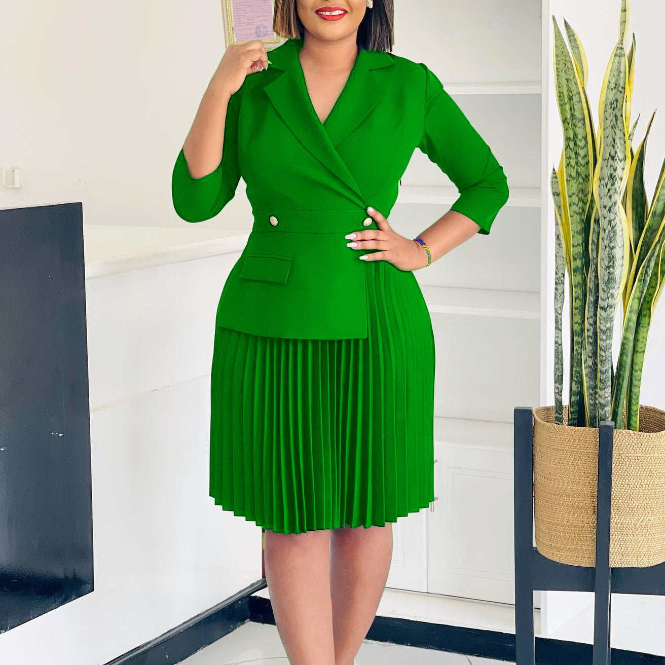 Women's Fall Fashion Chic Turndown Collar Solid Color Pleated African Dress 5