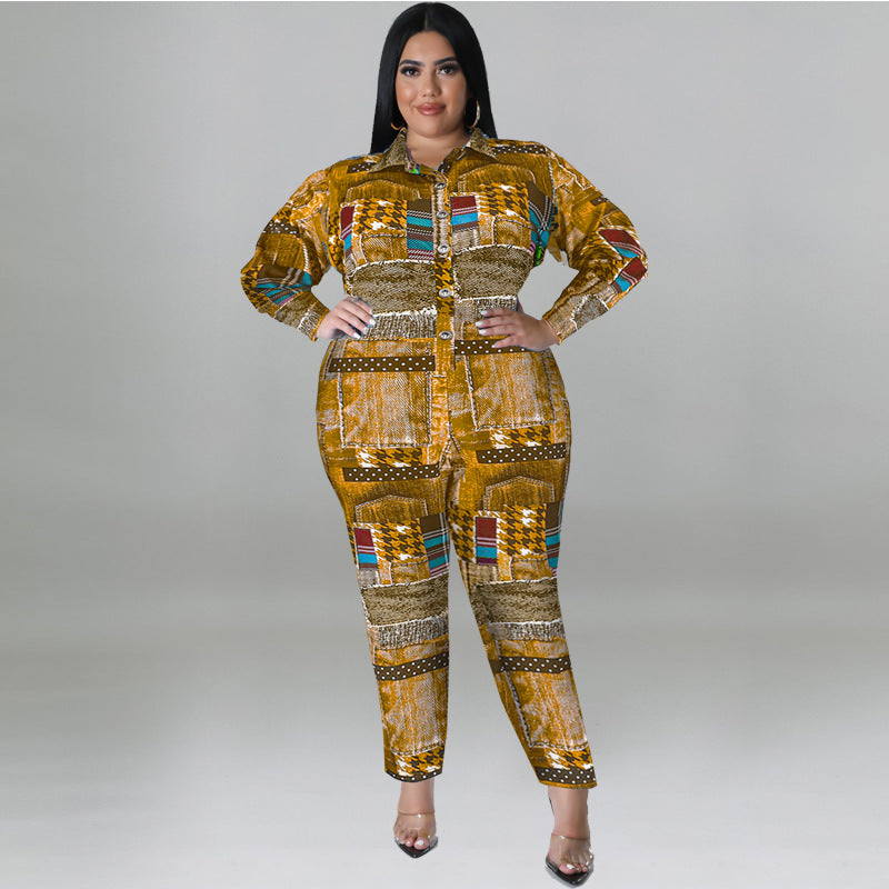Plus Size Women's Fall Print Long Sleeve Jumpsuit 9