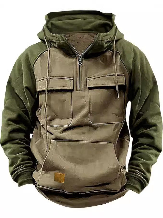 Spring Autumn Men's Raglan Sleeve Half Zip Hoodie Sport Multi-Pocket Hooded Trendy Hoodie 4