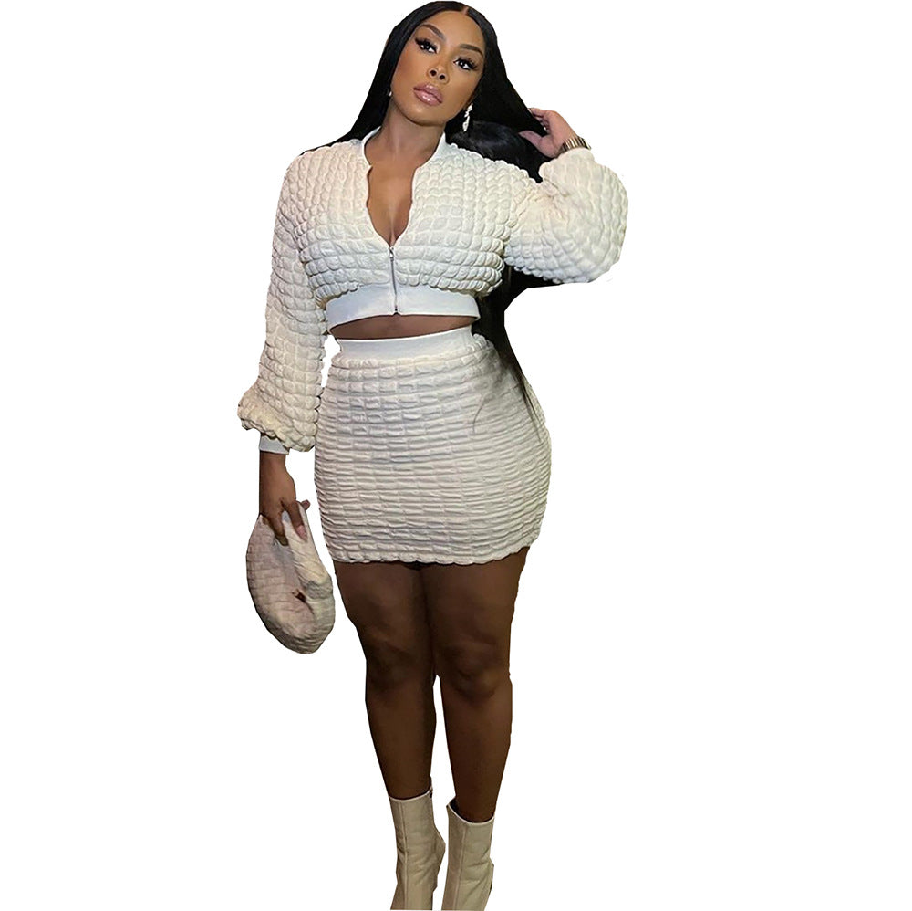 Women's Fashion Casual Fit Puff Zip Top Bodycon Skirt Two Piece Set 6