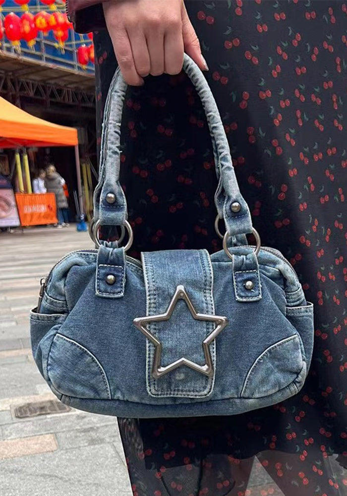 Women retro metal five-pointed star Denim handbag