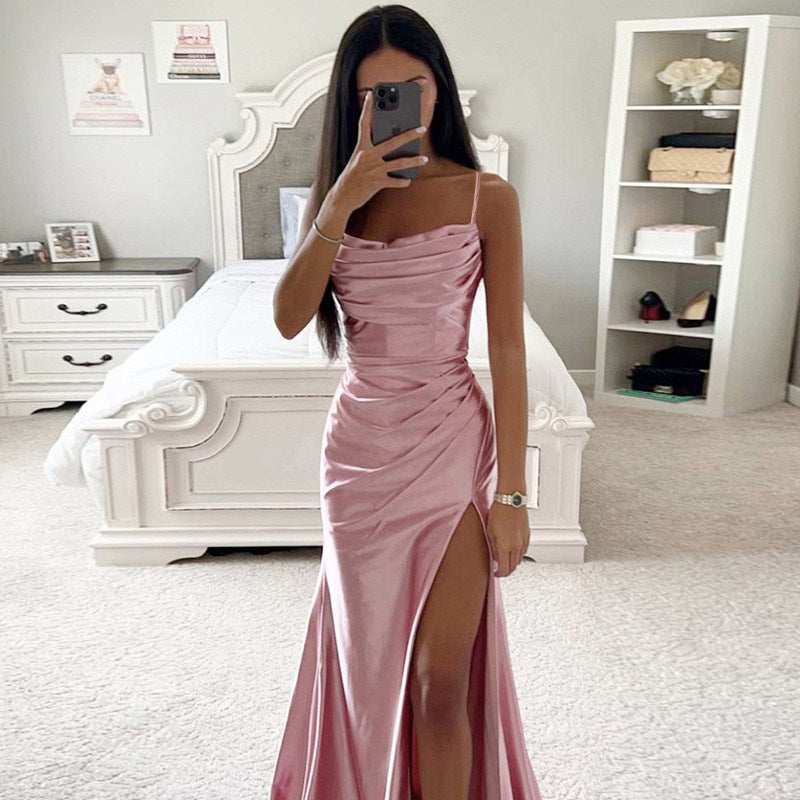 Spring Strapless Gathered Slit Satin Dress Sexy Slim Bodycon Dress 4