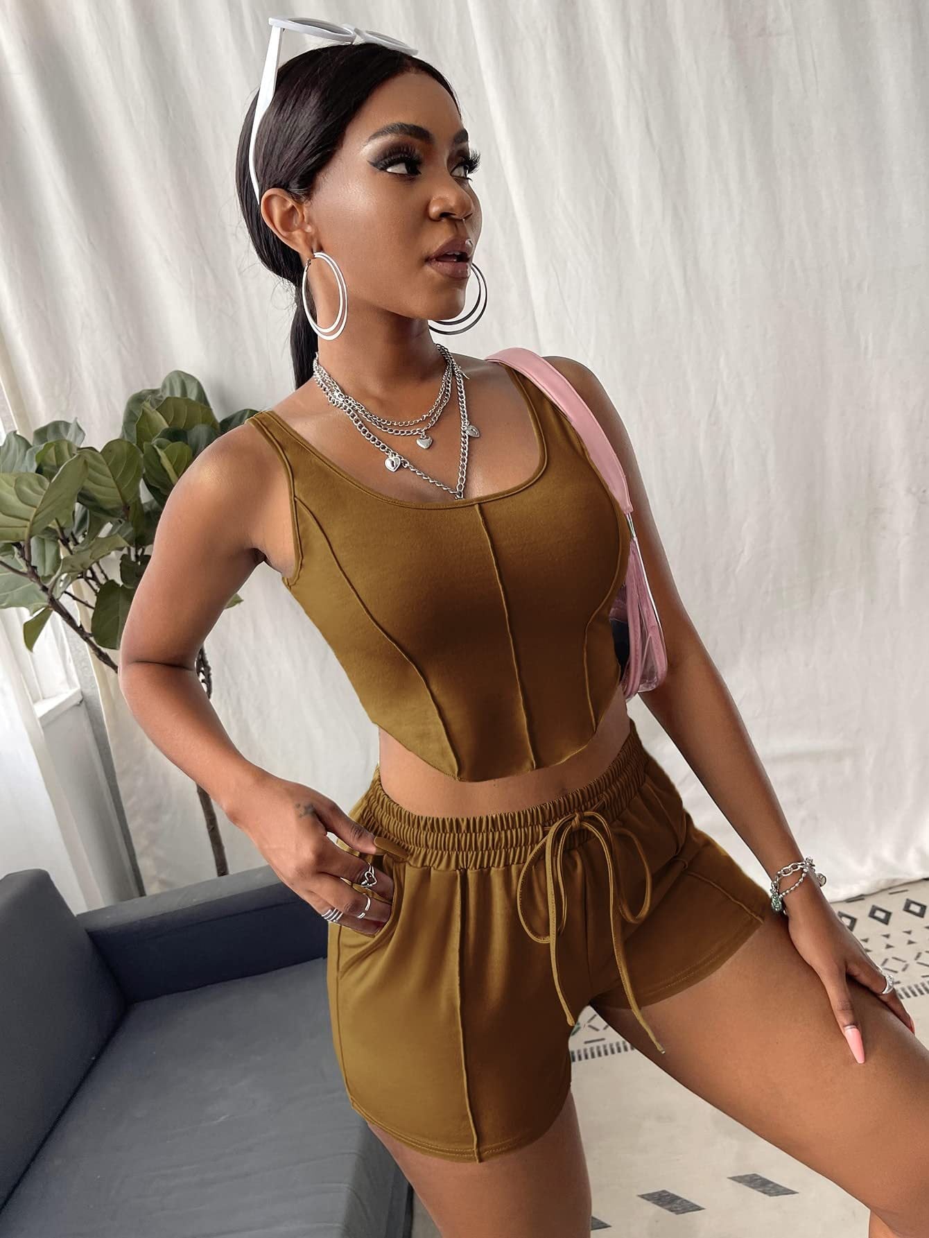 Women Sexy Irregular Top and Solid Shorts Two-Piece Set 30