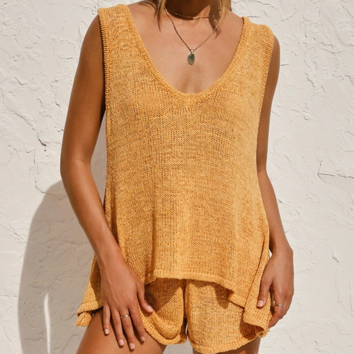 Summer fashion casual deep V-neck knitting vest and shorts two-piece set