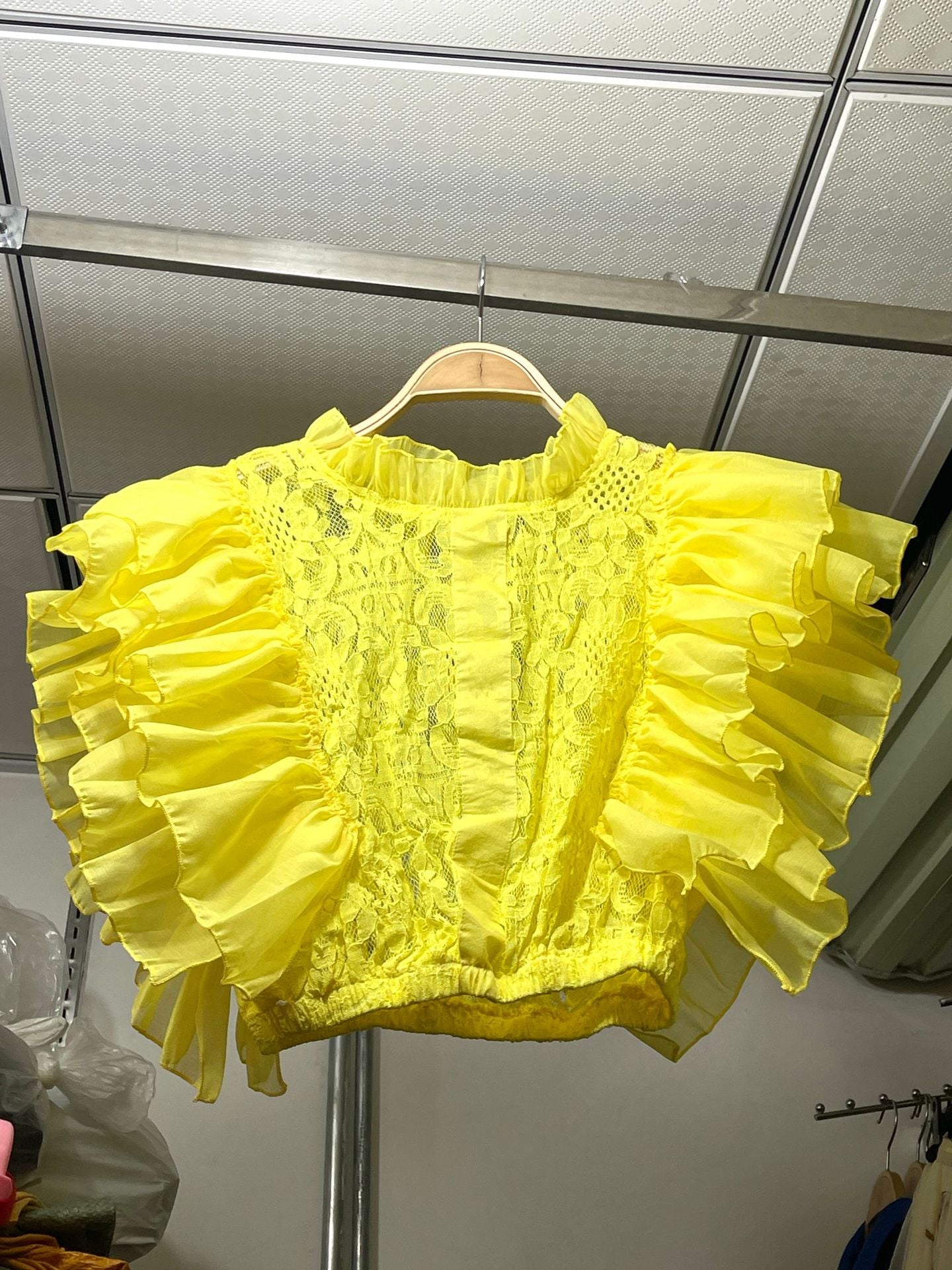 Women Summer French Ruffle Patchwork Crochet Hollow Stand Collar Lace Shirt 15