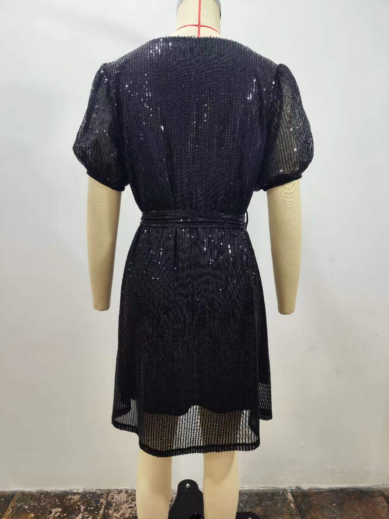 Women's Short Sleeve V Neck Sequin Mini Sequin Dress With Belt Glitter Cocktail Evening Dress 9