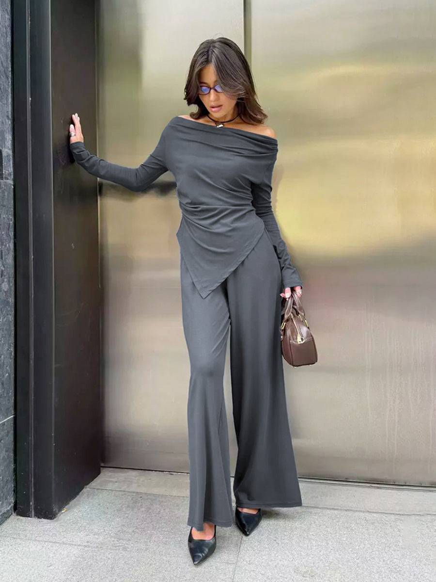 Autumn And Winter Grey Knitting Fashion Off Shoulder Long Sleeve Top High Waist Wide Leg Pants Casual Two Piece Set 5