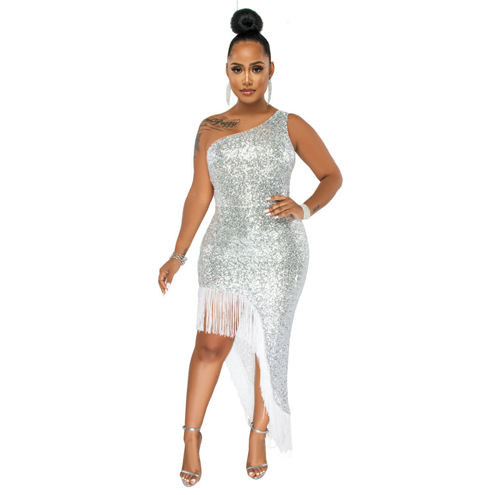 Women Sequined Side Slit Fringe Dress 4