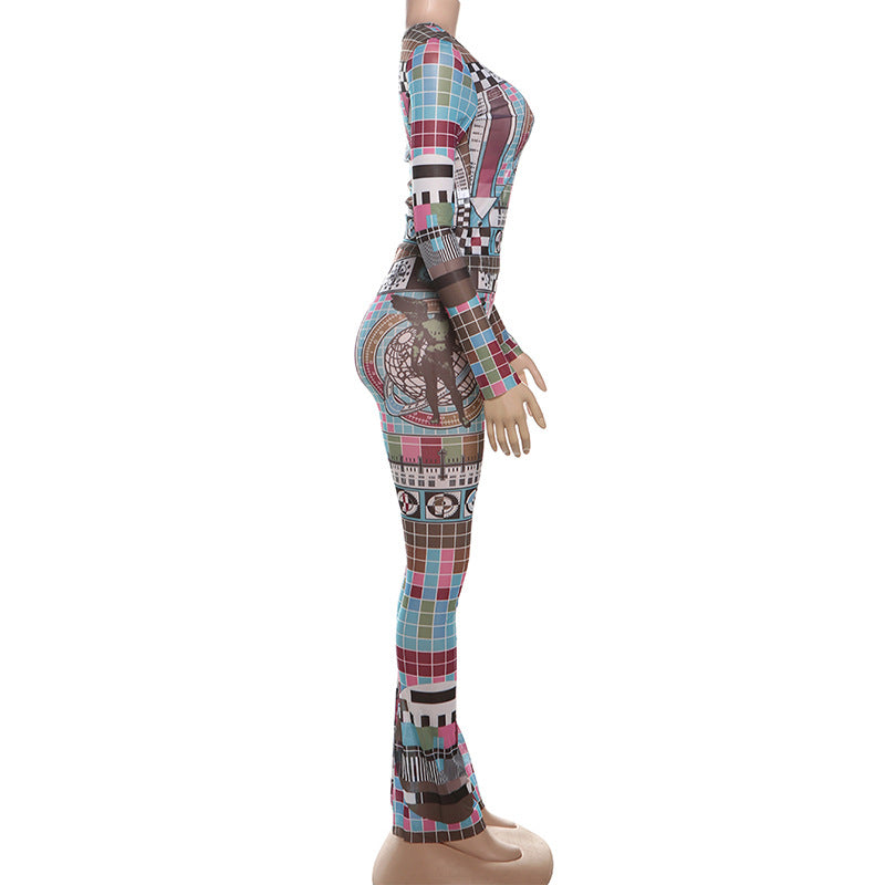 Autumn street trend Tight Fitting print Crop long sleeve top trousers two piece set 9