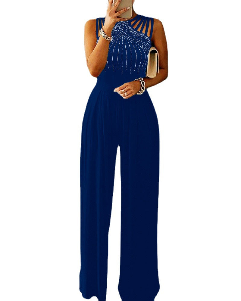 Slim Waist Hollow Out One-Piece Solid Summer Beaded Wide-Leg Jumpsuit 7