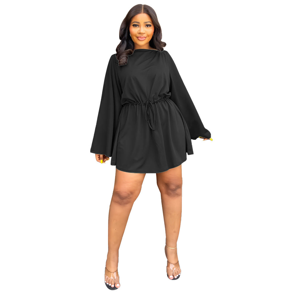Bell Sleeve Drawstring Slim Waist Casual Women's Dress