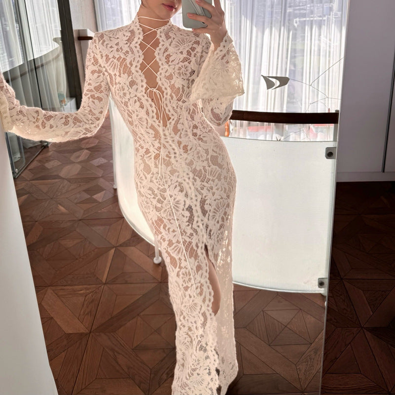 Autumn Sexy Lace Patchwork Fashion Street Slit Long Sleeve Dress 5