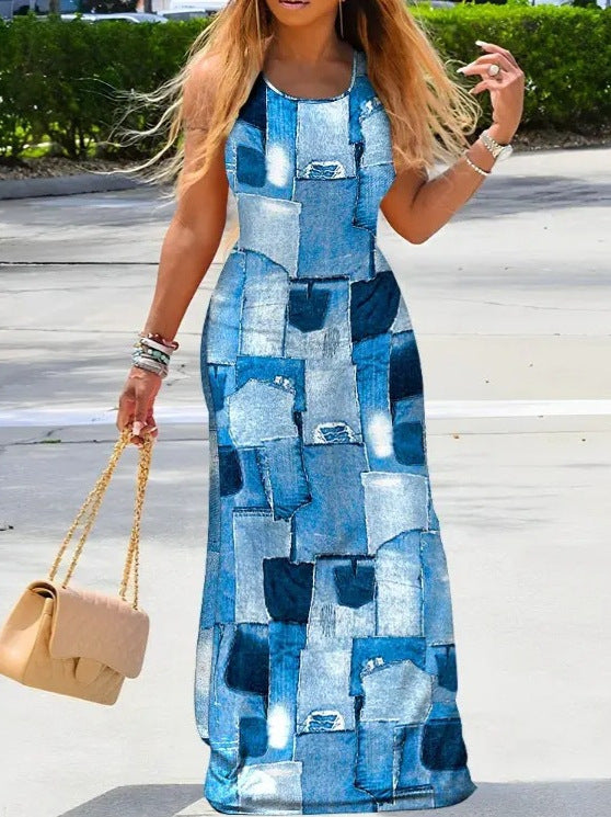 Summer Fashion Printed Round Neck Sleeveless Slim Dress 6