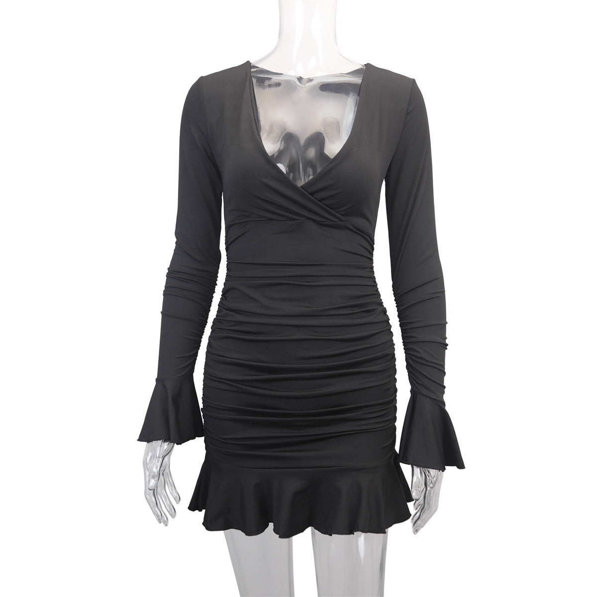 Fashion Sexy Deep V Neck Long Sleeve Ruffle Bodycon Dress 18