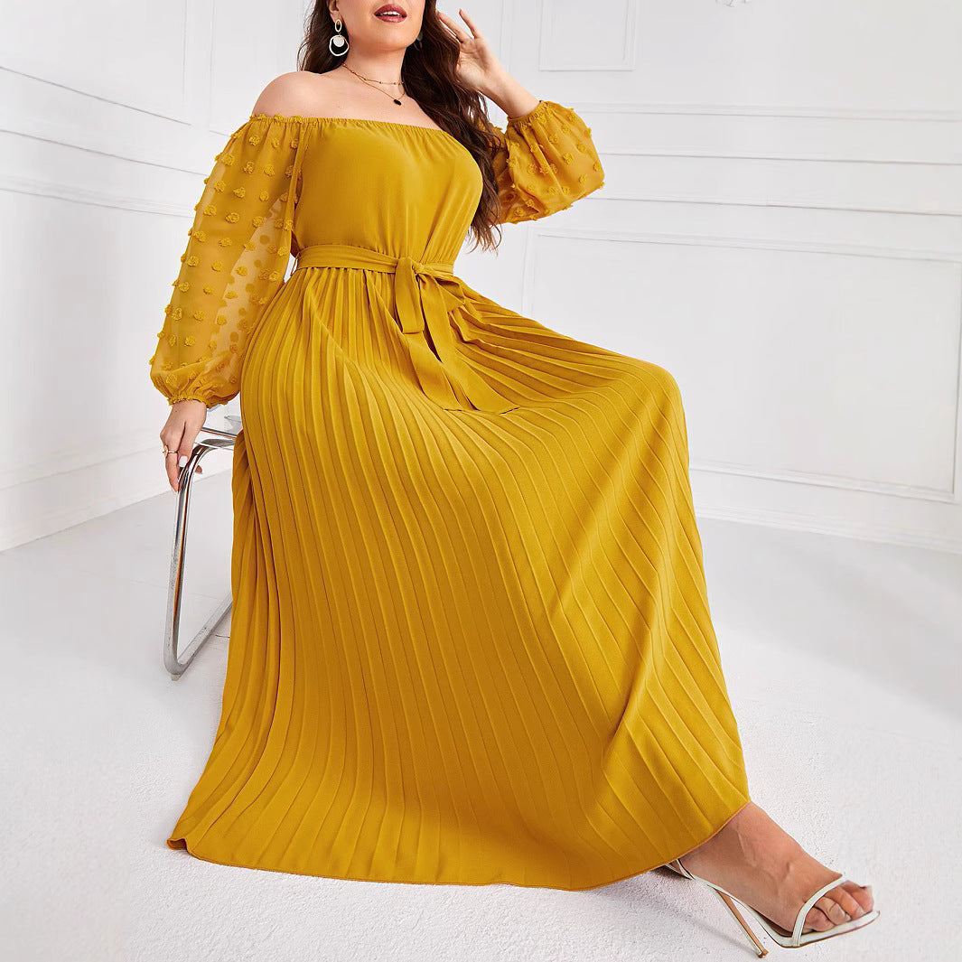 Plus Size Autumn And Winter Off Shoulder Pleated Fashion Elegant Long Dress 5