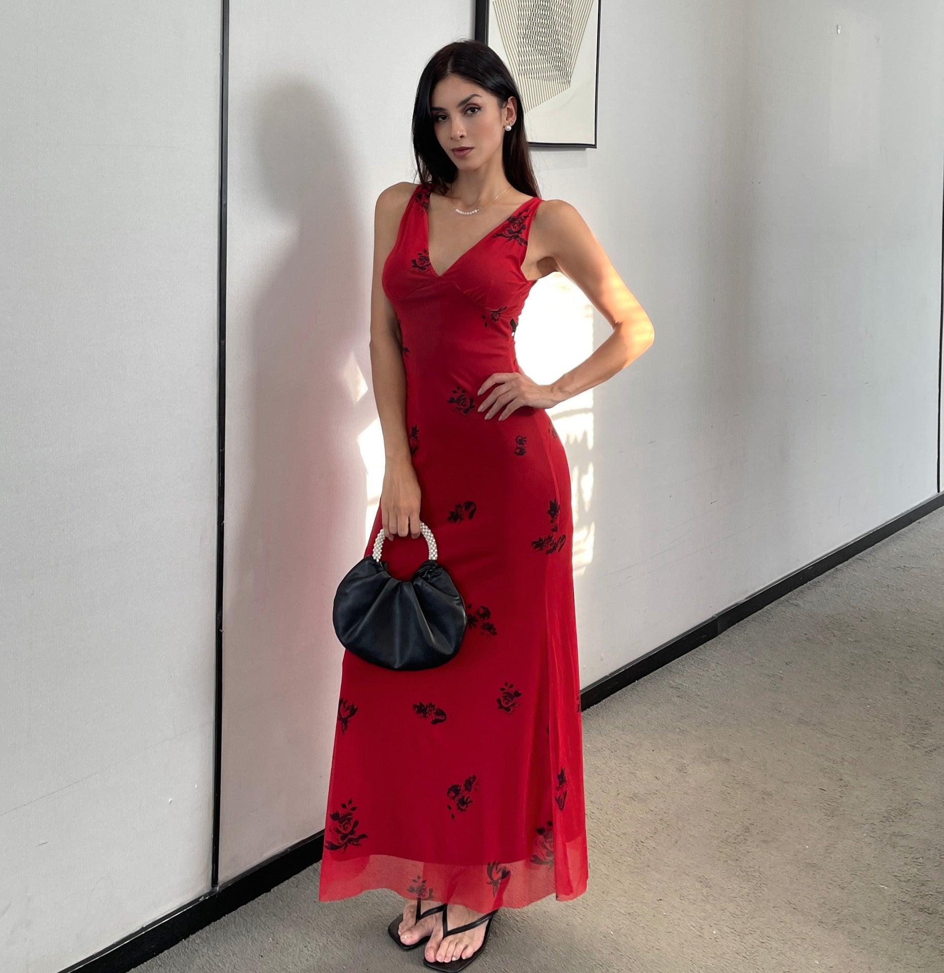 Women Sexy V Neck Printed Strap Dress