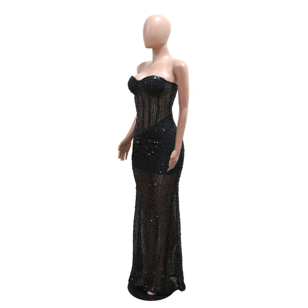 Strapless Sequin See-Through Long Dress for Women 9