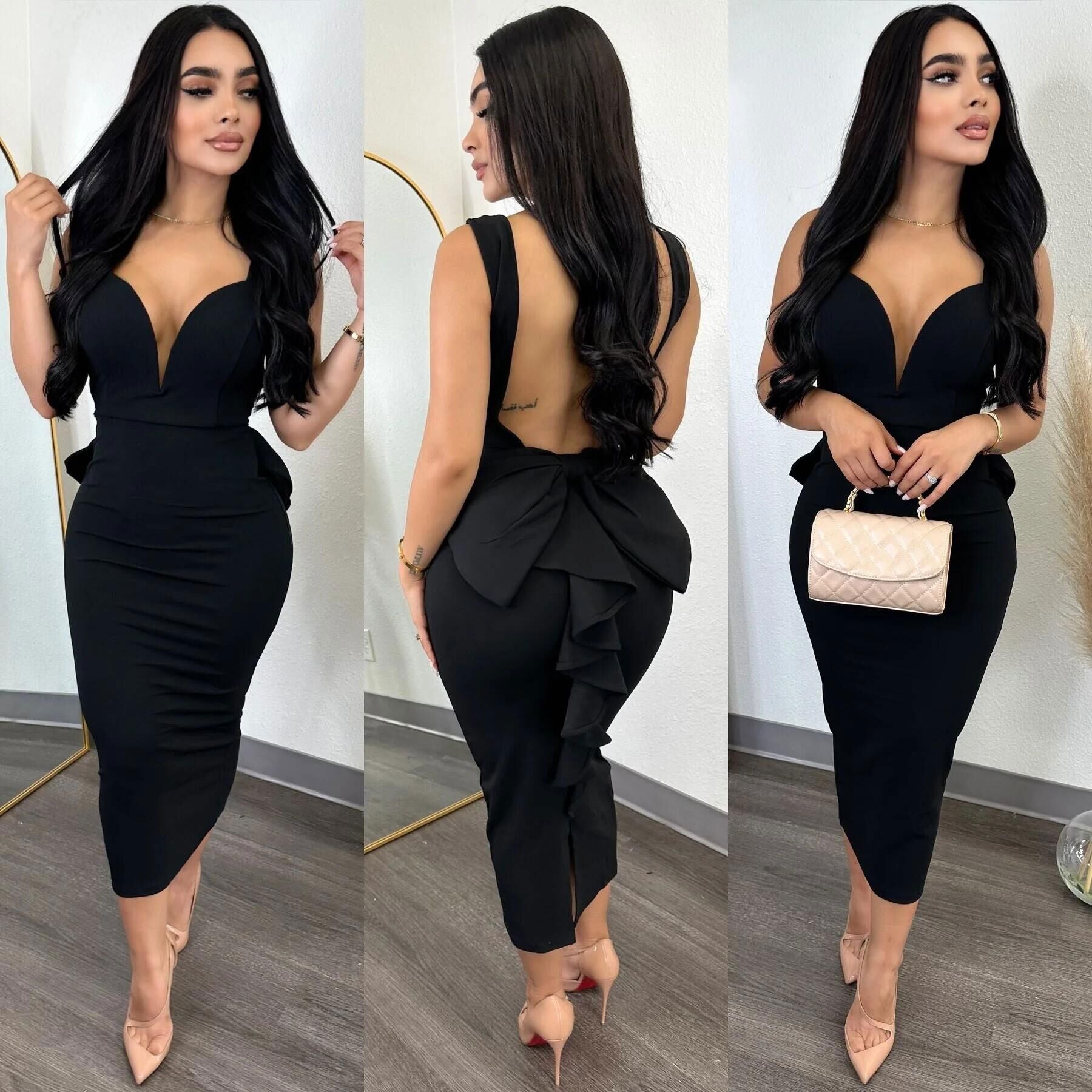 Chic Elegant Solid Color Low Back Deep V High Waist Bow Elastic Slit Bodycon Dress 5