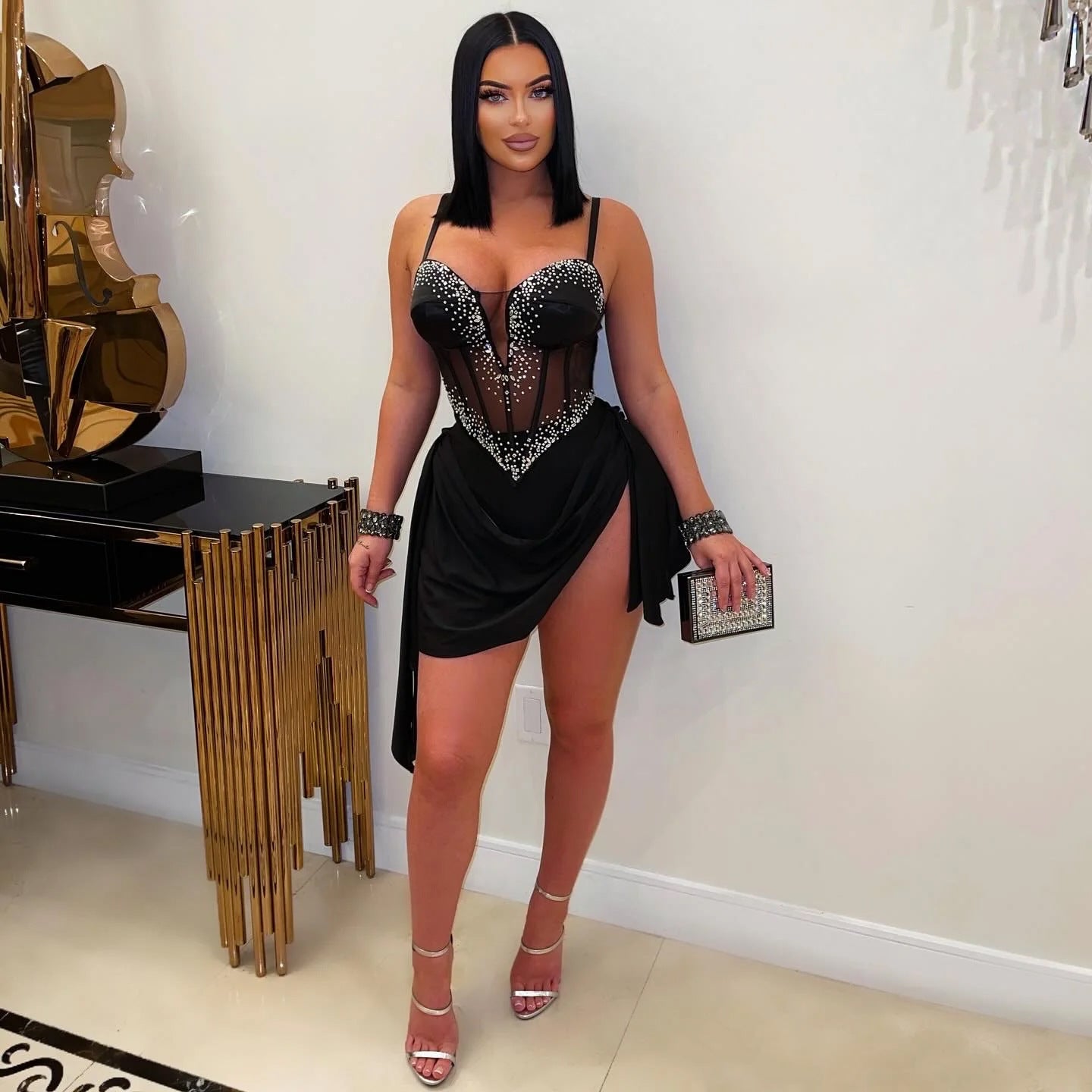 Elegant See-Through Beaded V-Neck Strap Slim Waist Stretch Club Dress 4