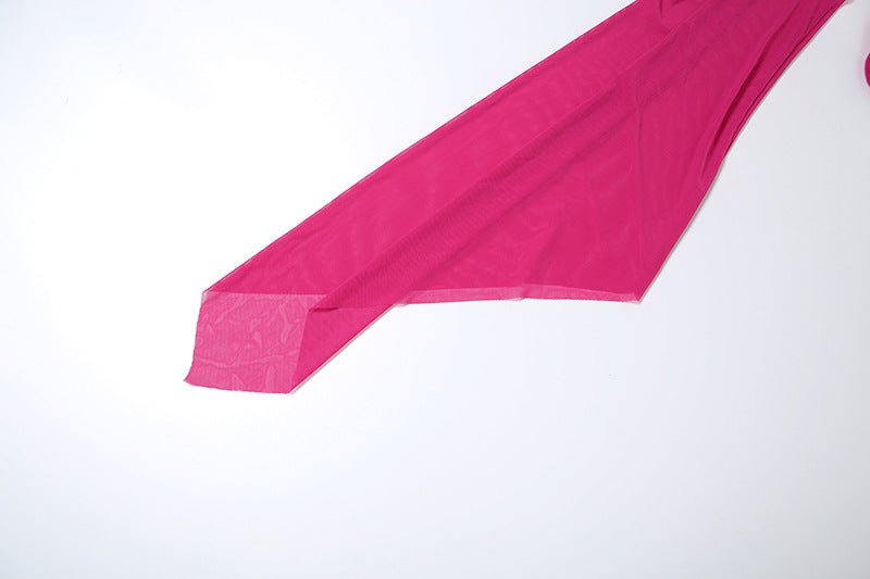 Women Fall Mesh Sexy One-Sided Long-Sleeve Crop Top with Pleated Slit Skirt Two-Piece Set 18