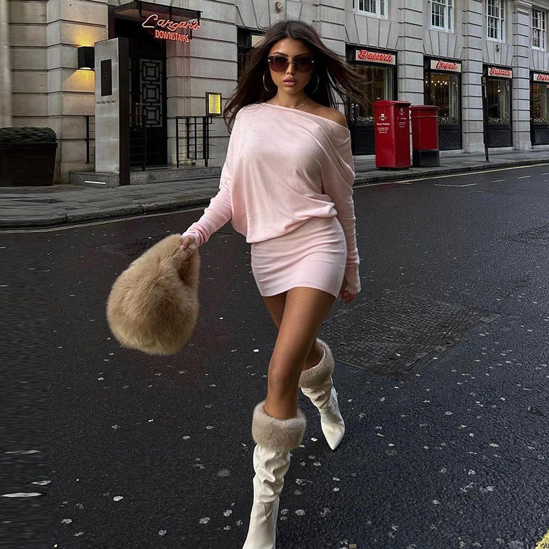 Women's autumn Slash Shoulder long sleeve Slim Waist casual short dress 3