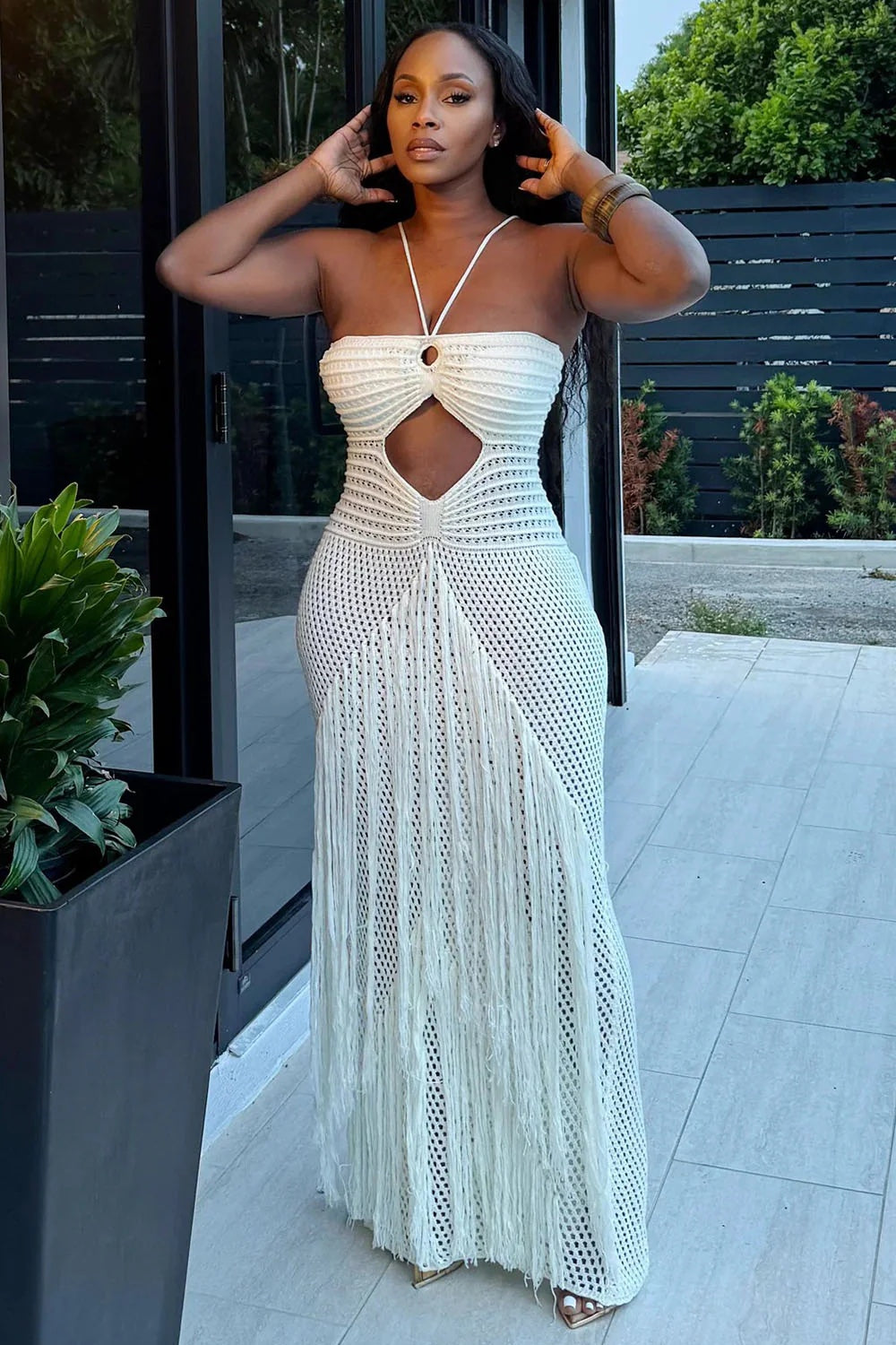 Sexy See-Through Cut-Out Knit Strapless Women's Long Dress