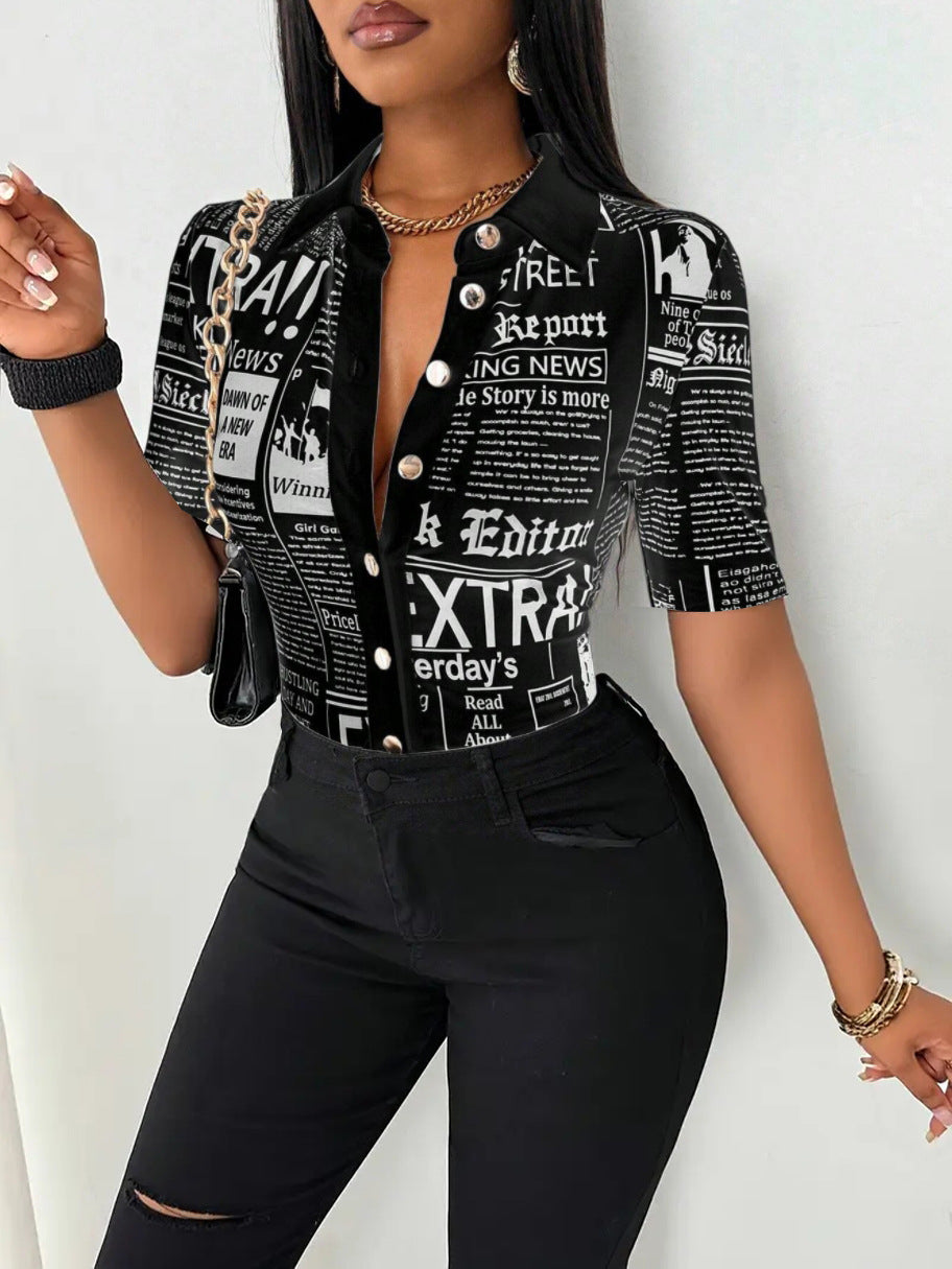 summer fashion newspaper print single-breasted v-neck women shirt 7