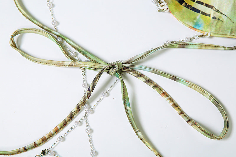 Women's Spring Halter Neck Tie Beaded Chain Slim Low Back Sexy Dress 40