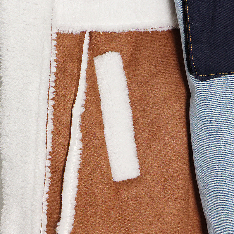 Women Autumn/Winter Turndown Collar Long Sleeve Lace-Fly Lamb Maxi Colorblock Denim Coat 23