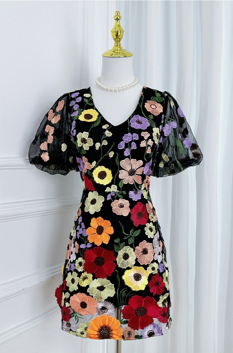 Women's  Luxury Embroidery Mesh Puff Sleeve Slim Waist Short Chic Dress 29