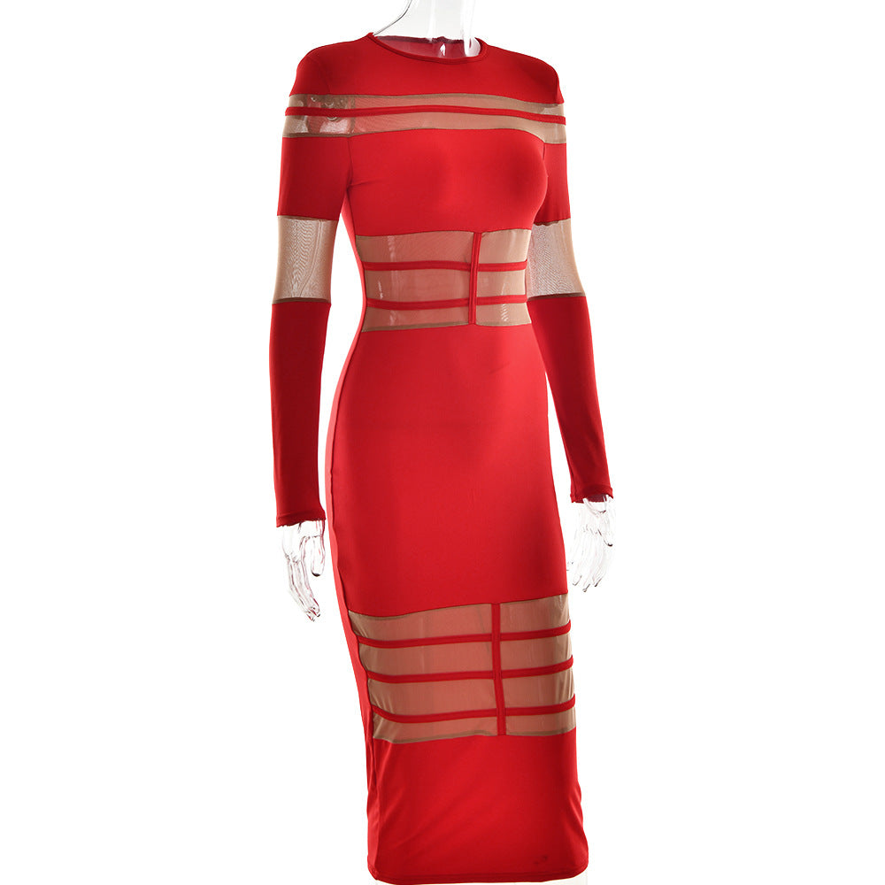 Autumn Winter Fashion Mesh Patchwork See-Through Sexy Chic Slim Long Sleeve Bodycon Long Dress 8