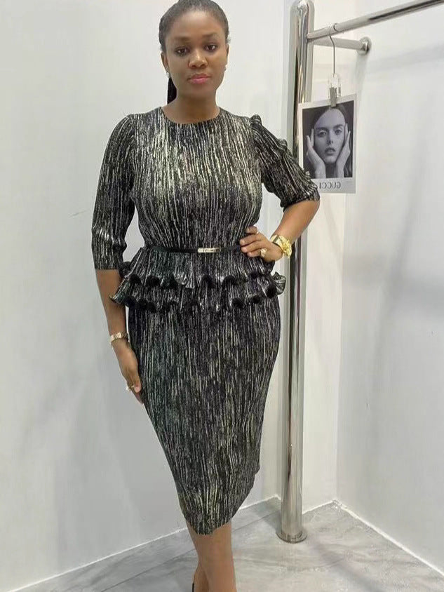 Fashion Pleated Shiny Plus Size African Round Neck Chic Sexy Bodycon Dress 5