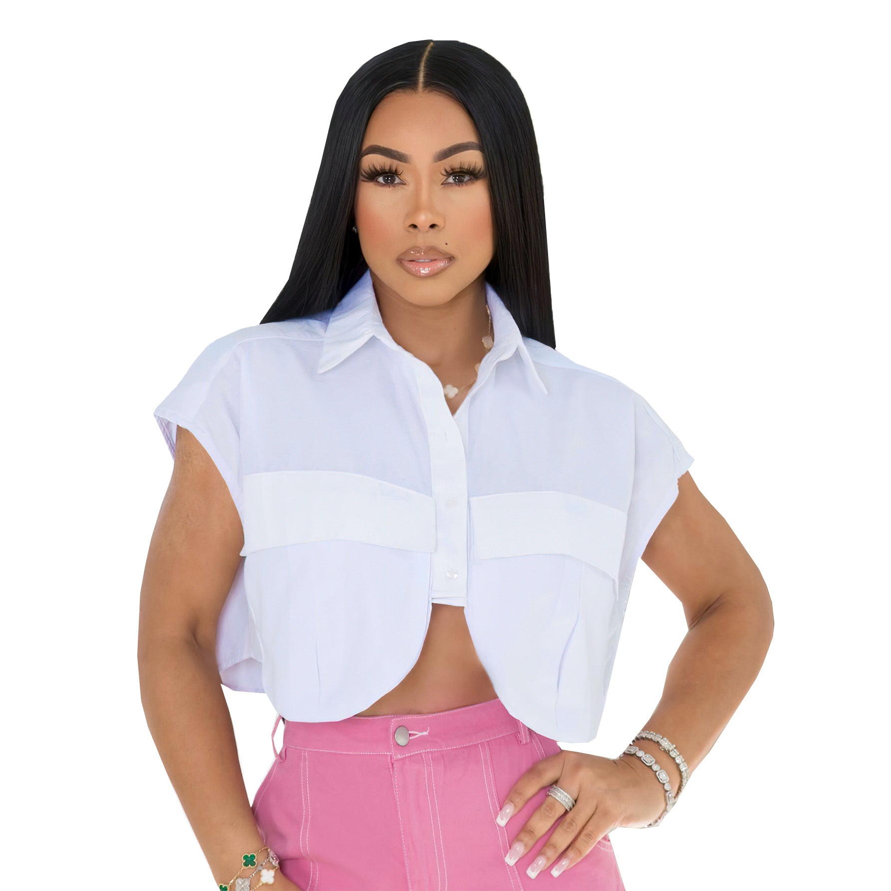 Sexy Solid Color Pocket Patchwork Irregular Loose Single Breasted Shirt 4